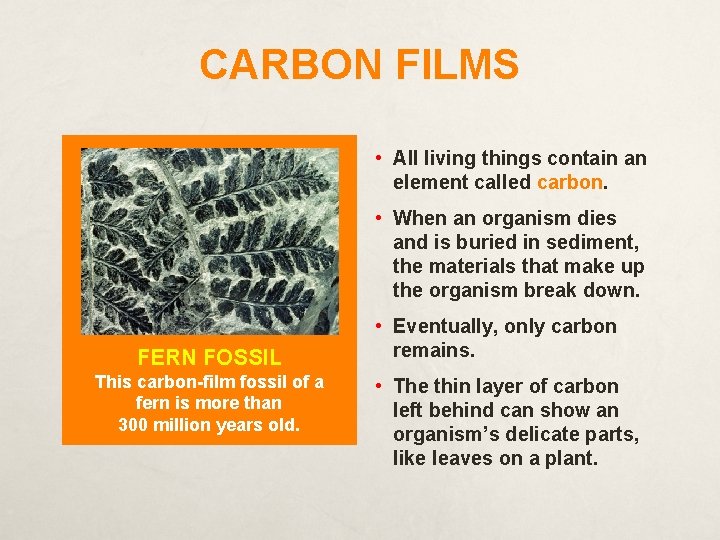 CARBON FILMS • All living things contain an element called carbon. • When an