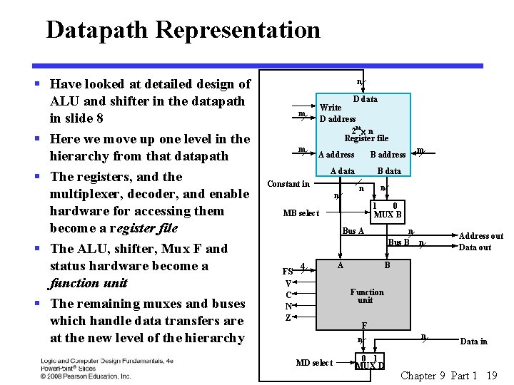 Datapath Representation § Have looked at detailed design of ALU and shifter in the