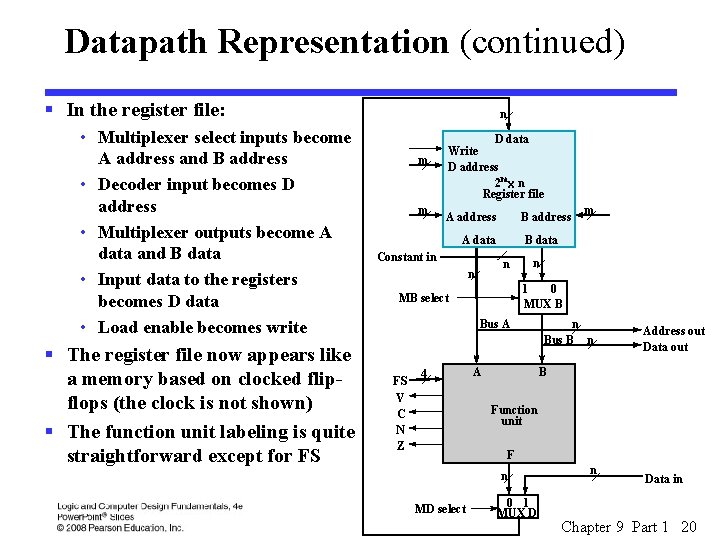 Datapath Representation (continued) § In the register file: • Multiplexer select inputs become A
