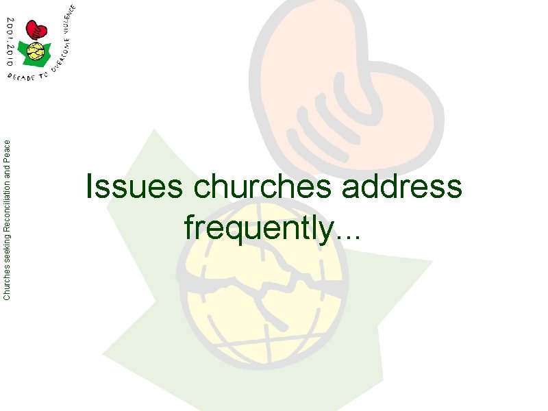 Churches seeking Reconciliation and Peace Issues churches address frequently. . . 