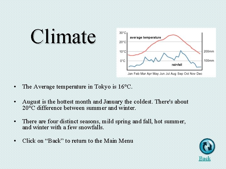 Climate • The Average temperature in Tokyo is 16°C. • August is the hottest