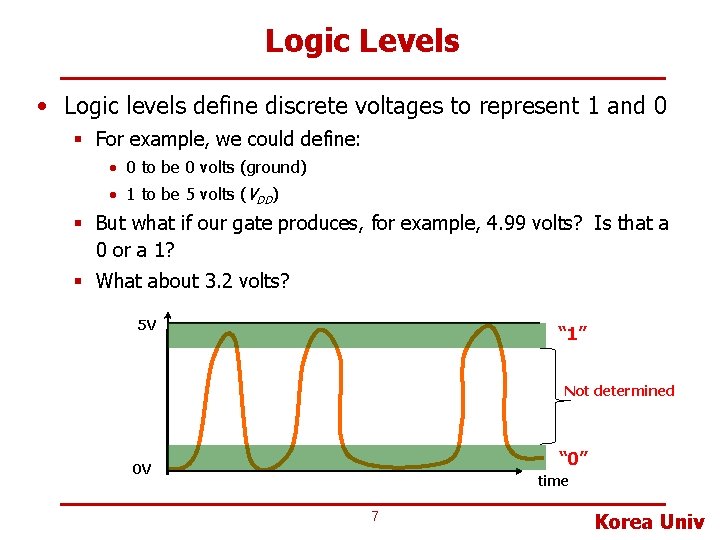 Logic Levels • Logic levels define discrete voltages to represent 1 and 0 §
