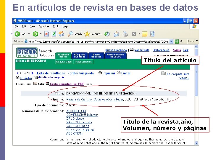 En artículos de revista en bases de datos Título del artículo Título de la