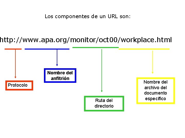 Los componentes de un URL son: http: //www. apa. org/monitor/oct 00/workplace. html Nombre del