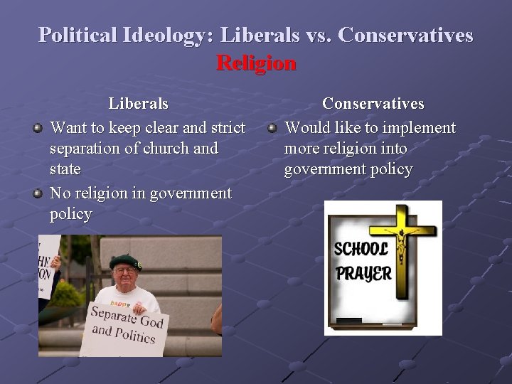 Political Ideology: Liberals vs. Conservatives Religion Liberals Want to keep clear and strict separation