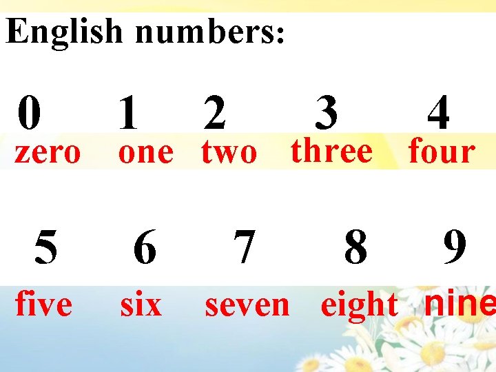 English numbers: 0 0 1 2 3 4 zero one two three four 5