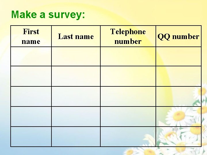 Make a survey: First name Last name Telephone number QQ number 