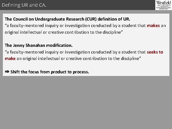 Defining UR and CA. The Council on Undergraduate Research (CUR) definition of UR. “a