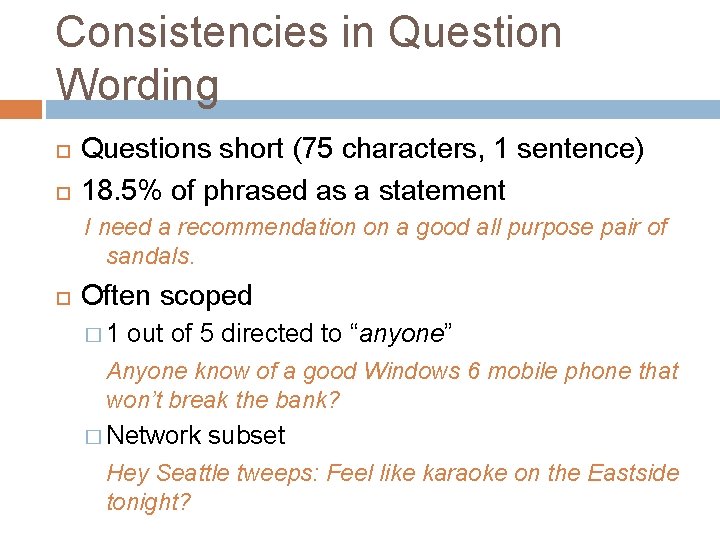 Consistencies in Question Wording Questions short (75 characters, 1 sentence) 18. 5% of phrased