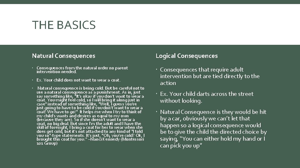 THE BASICS Natural Consequences Logical Consequences from the natural order no parent intervention needed.