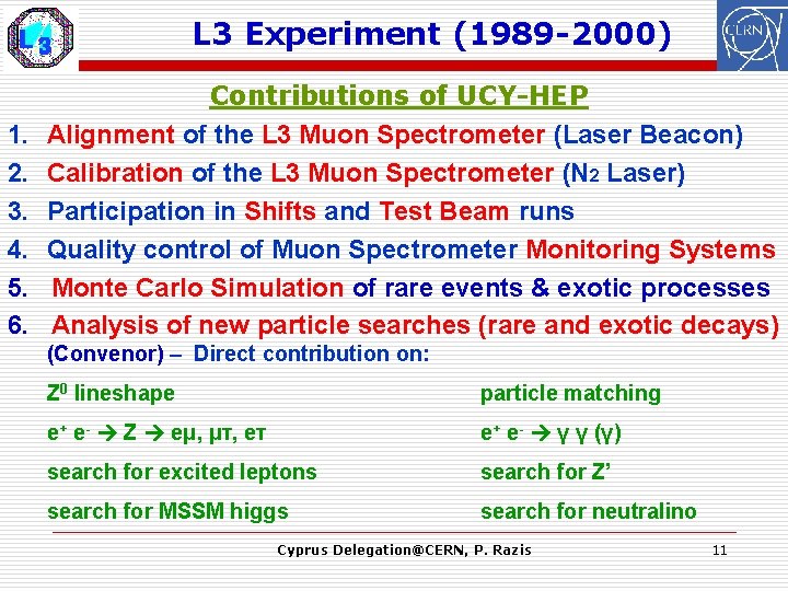 L 3 Experiment (1989 -2000) 1. 2. 3. 4. 5. 6. Contributions of UCY-HEP