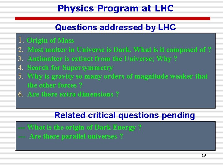 Physics Program at LHC Questions addressed by LHC 1. Origin of Mass 2. 3.