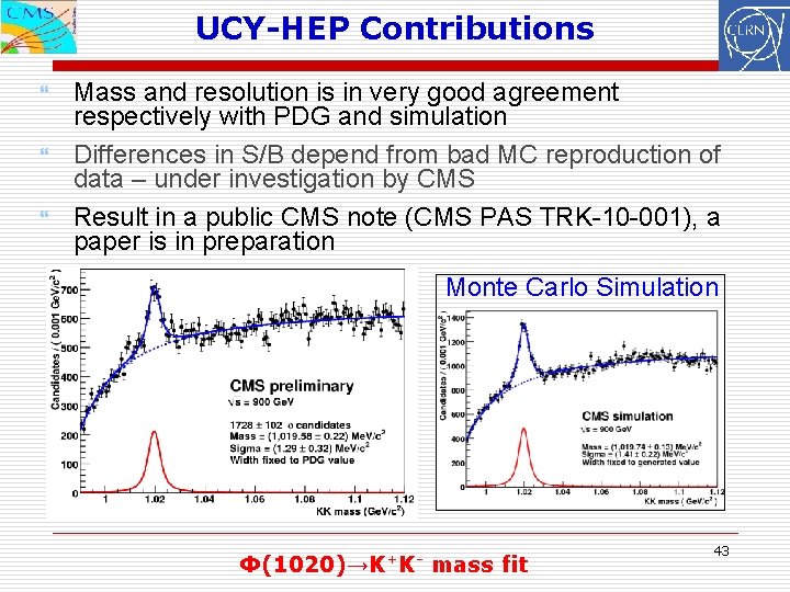 UCY-HEP Contributions Mass and resolution is in very good agreement respectively with PDG and