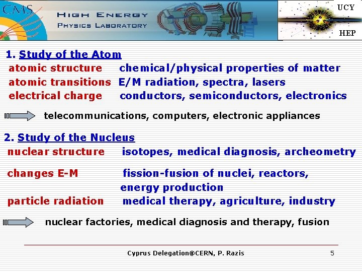 UCY HEP 1. Study of the Atom atomic structure chemical/physical properties of matter atomic