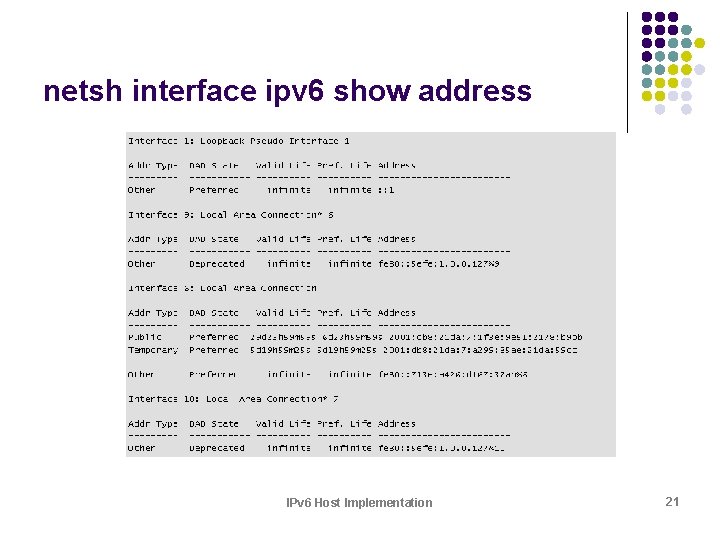 netsh interface ipv 6 show address IPv 6 Host Implementation 21 