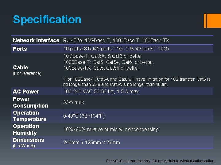 Specification Network Interface RJ-45 for 10 GBase-T, 1000 Base-T, 100 Base-TX Ports Cable (For