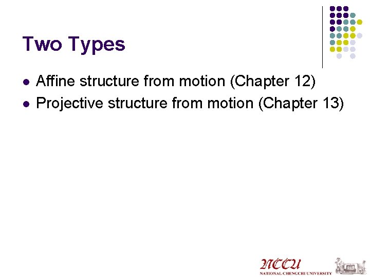 Two Types l l Affine structure from motion (Chapter 12) Projective structure from motion