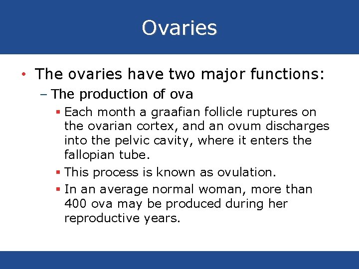 Ovaries • The ovaries have two major functions: – The production of ova §
