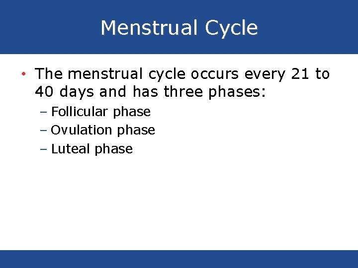 Menstrual Cycle • The menstrual cycle occurs every 21 to 40 days and has