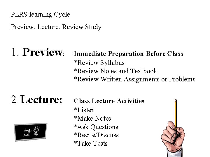 PLRS learning Cycle Preview, Lecture, Review Study 1. Preview: 2. Lecture: Immediate Preparation Before