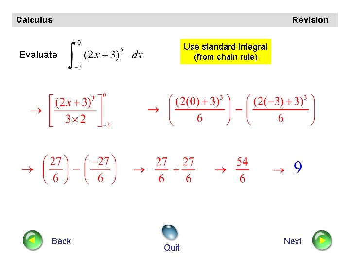 Calculus Revision Use standard Integral (from chain rule) Evaluate Back Quit Next 