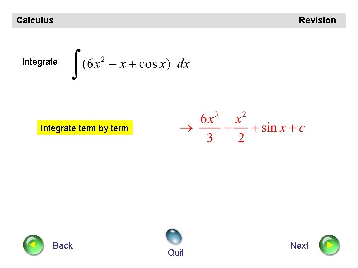 Calculus Revision Integrate term by term Back Quit Next 