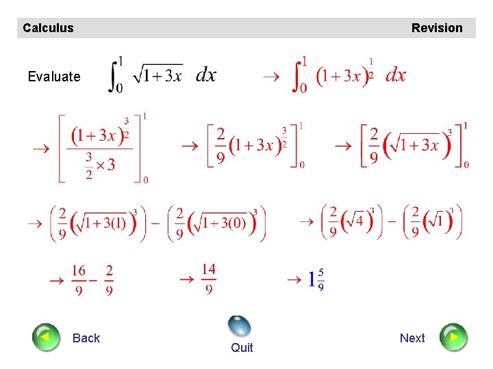 Calculus Revision Evaluate Back Quit Next 