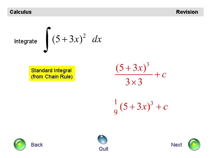 Calculus Revision Integrate Standard Integral (from Chain Rule) Back Quit Next 