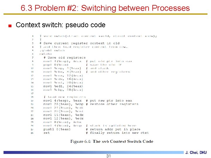 6. 3 Problem #2: Switching between Processes Context switch: pseudo code 31 J. Choi,