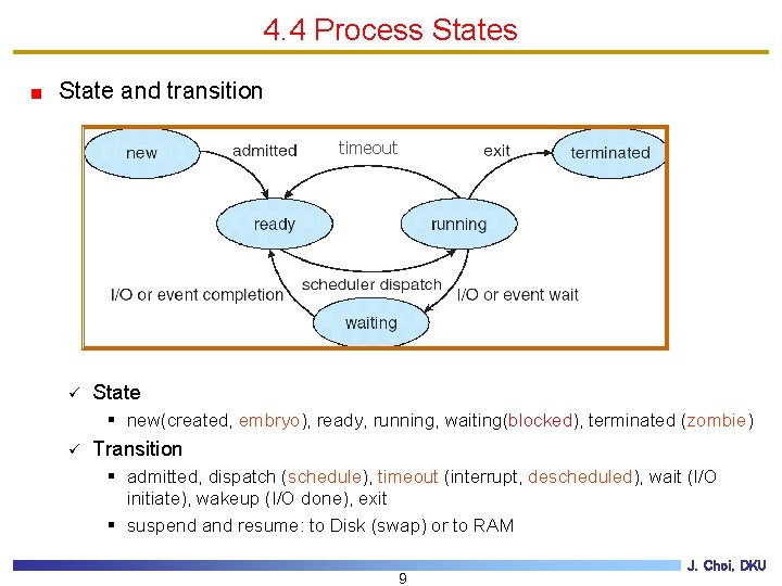 4. 4 Process State and transition timeout ü State § new(created, embryo), ready, running,