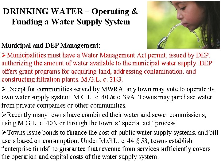 DRINKING WATER – Operating & Funding a Water Supply System Municipal and DEP Management: