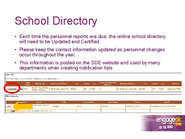 School Directory • Each time the personnel reports are due, the online school directory