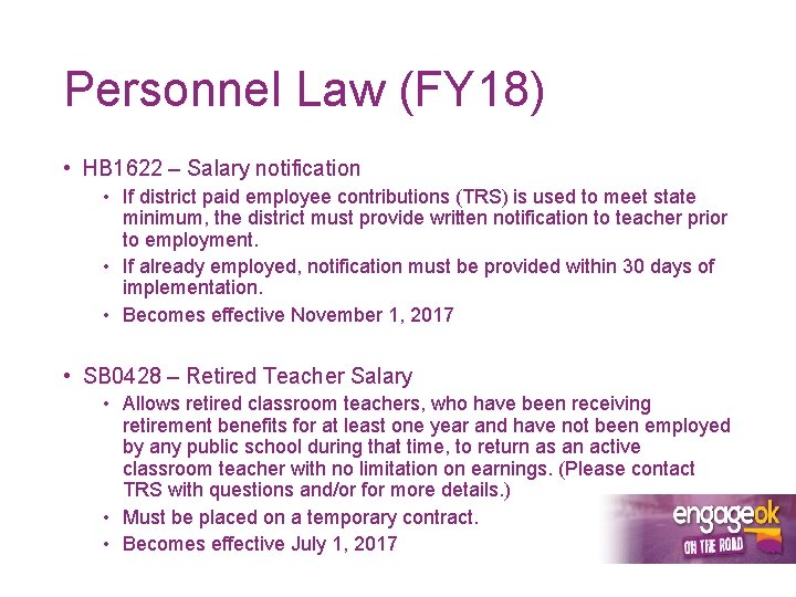 Personnel Law (FY 18) • HB 1622 – Salary notification • If district paid