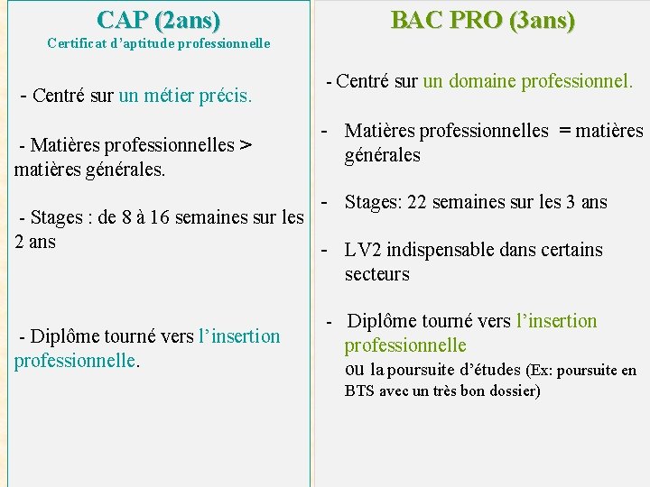 CAP (2 ans) BAC PRO (3 ans) Certificat d’aptitude professionnelle - Centré sur un