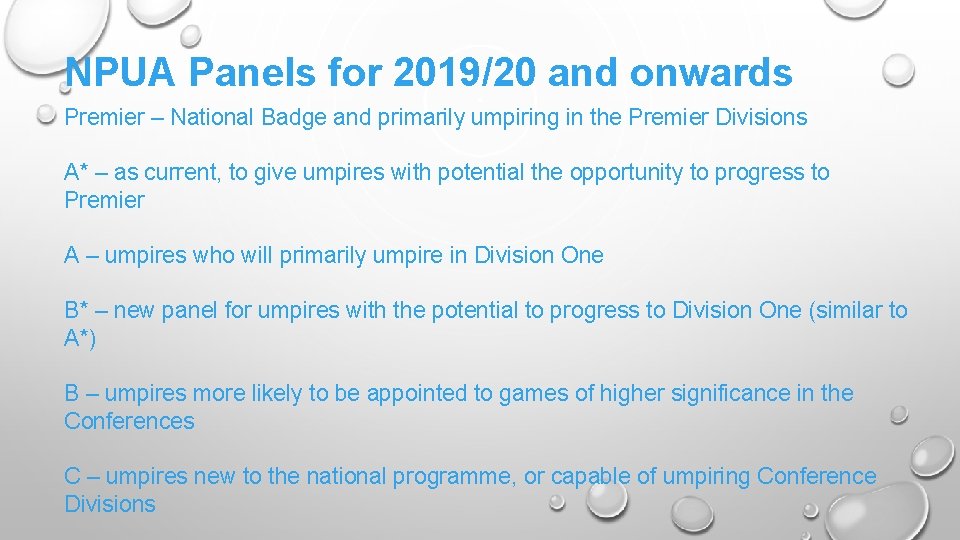 NPUA Panels for 2019/20 and onwards Premier – National Badge and primarily umpiring in