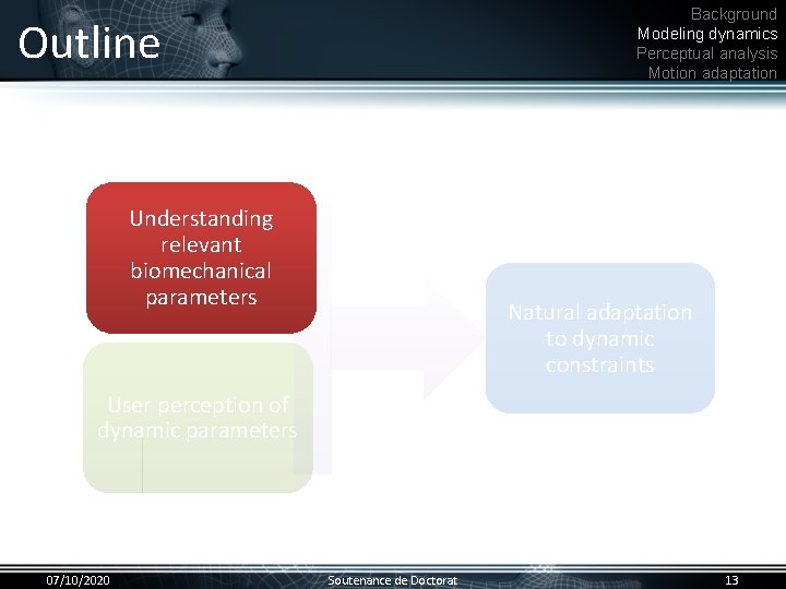 Background Modeling dynamics Perceptual analysis Motion adaptation Outline Understanding relevant biomechanical parameters Natural adaptation