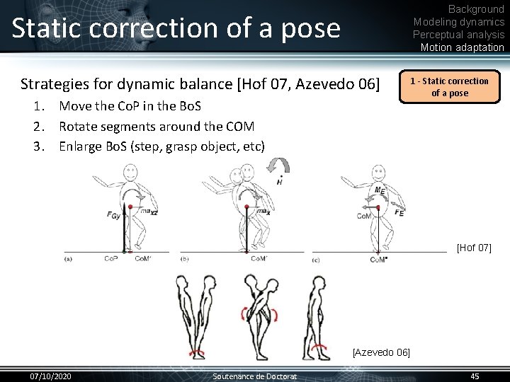 Background Modeling dynamics Perceptual analysis Motion adaptation Static correction of a pose Strategies for
