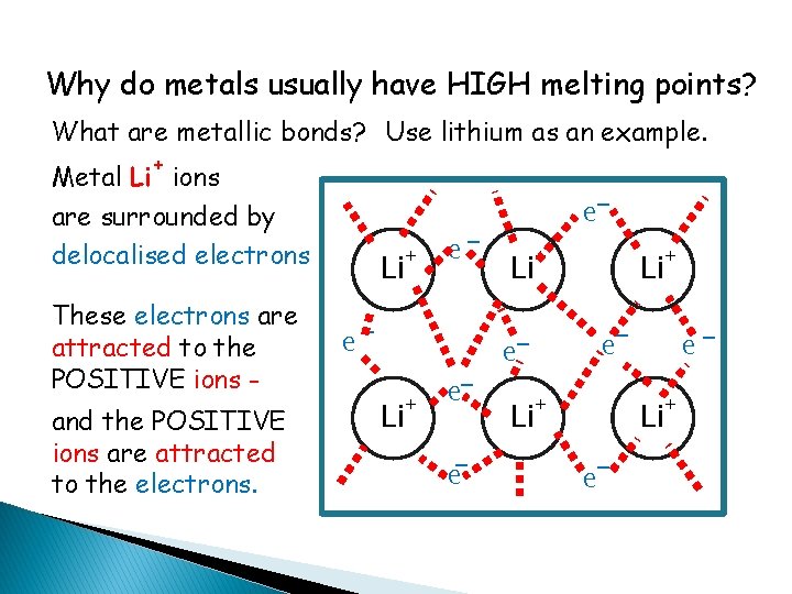 Why do metals usually have HIGH melting points? What are metallic bonds? Use lithium