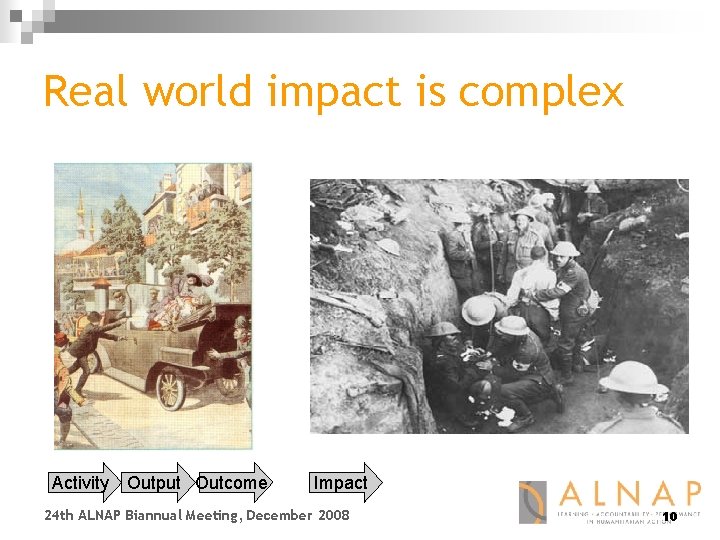 Real world impact is complex Activity Output Outcome Impact 24 th ALNAP Biannual Meeting,