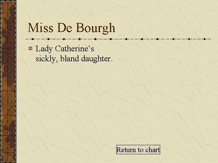 Miss De Bourgh Lady Catherine’s sickly, bland daughter. Return to chart 