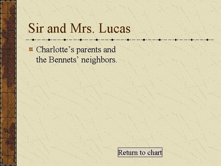 Sir and Mrs. Lucas Charlotte’s parents and the Bennets’ neighbors. Return to chart 