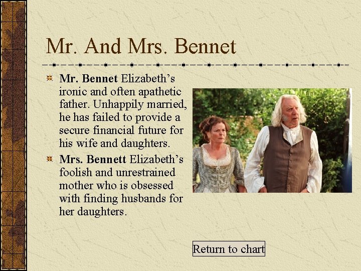 Mr. And Mrs. Bennet Mr. Bennet Elizabeth’s ironic and often apathetic father. Unhappily married,
