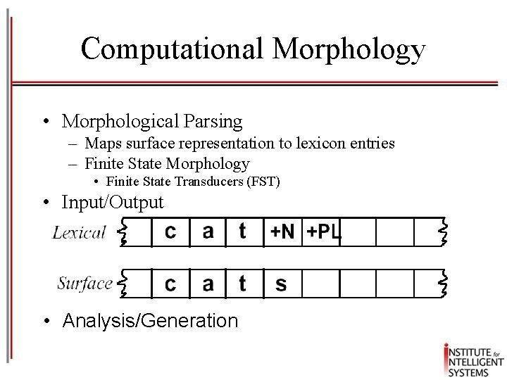 Computational Morphology • Morphological Parsing – Maps surface representation to lexicon entries – Finite