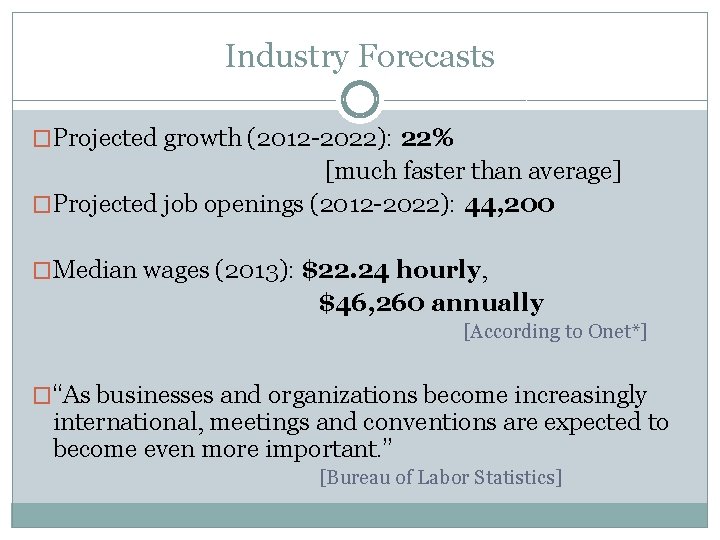 Industry Forecasts �Projected growth (2012 -2022): 22% [much faster than average] �Projected job openings