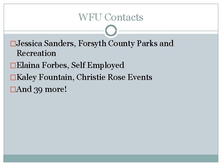 WFU Contacts �Jessica Sanders, Forsyth County Parks and Recreation �Elaina Forbes, Self Employed �Kaley