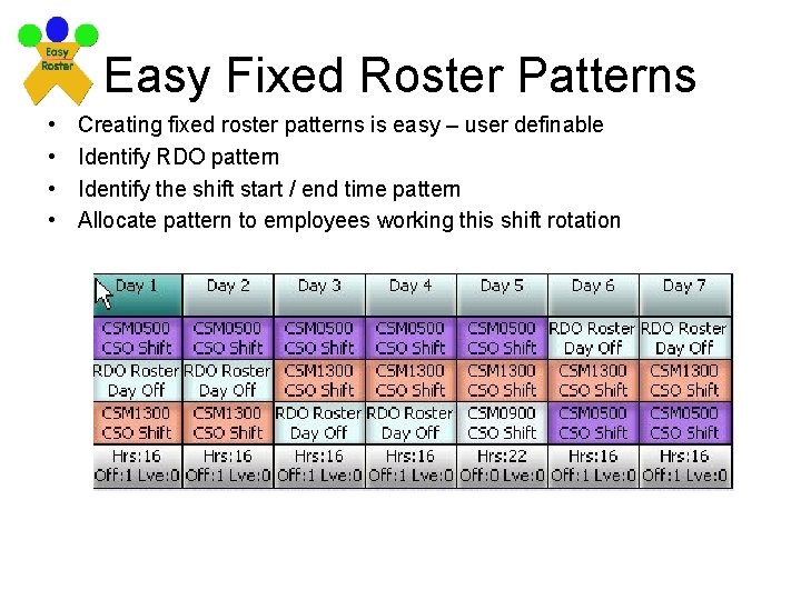 Easy Fixed Roster Patterns • • Creating fixed roster patterns is easy – user