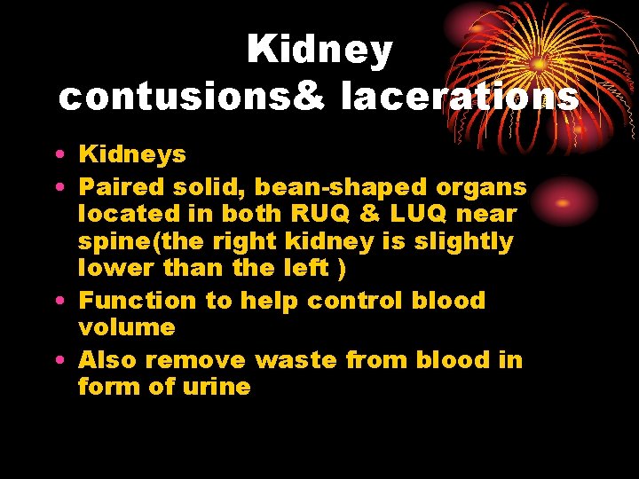 Kidney contusions& lacerations • Kidneys • Paired solid, bean-shaped organs located in both RUQ