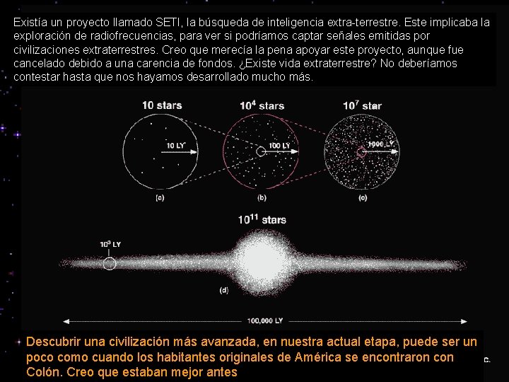 Existía un proyecto llamado SETI, la búsqueda de inteligencia extra-terrestre. Este implicaba la exploración