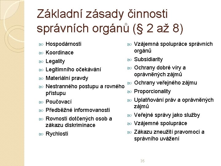 Základní zásady činnosti správních orgánů (§ 2 až 8) Hospodárnosti Koordinace Vzájemná spolupráce správních