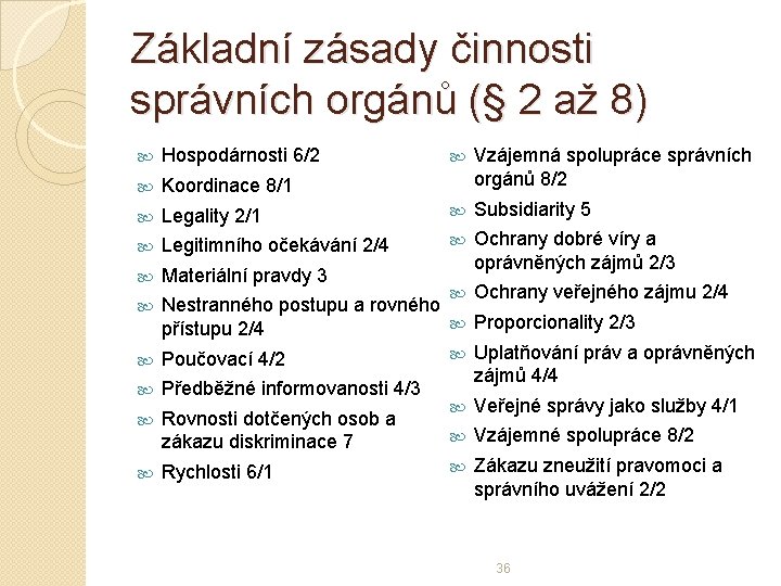 Základní zásady činnosti správních orgánů (§ 2 až 8) Hospodárnosti 6/2 Koordinace 8/1 Vzájemná